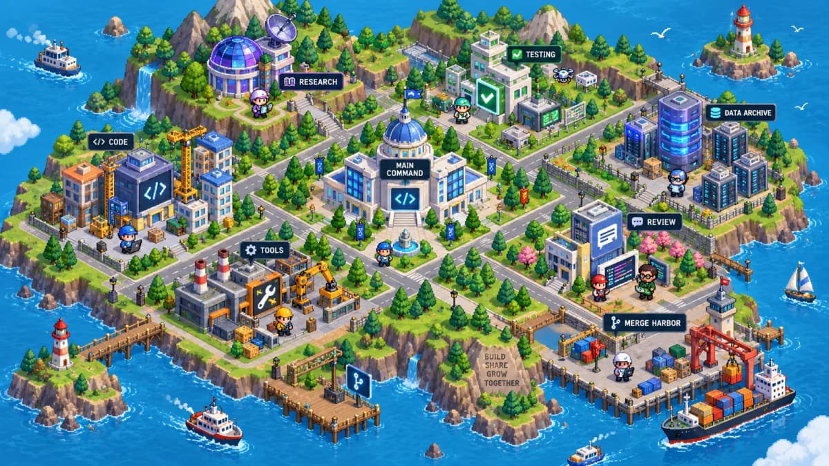Pixel-Art Software Development Island City, an isometric island with labeled districts for code, tools, research, testing, review, data archive, and Merge Harbor.